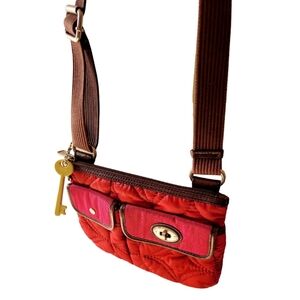Vintage Fossil Quilted Multi Pocket KeyPer Crossbody Purse Red and Fushia